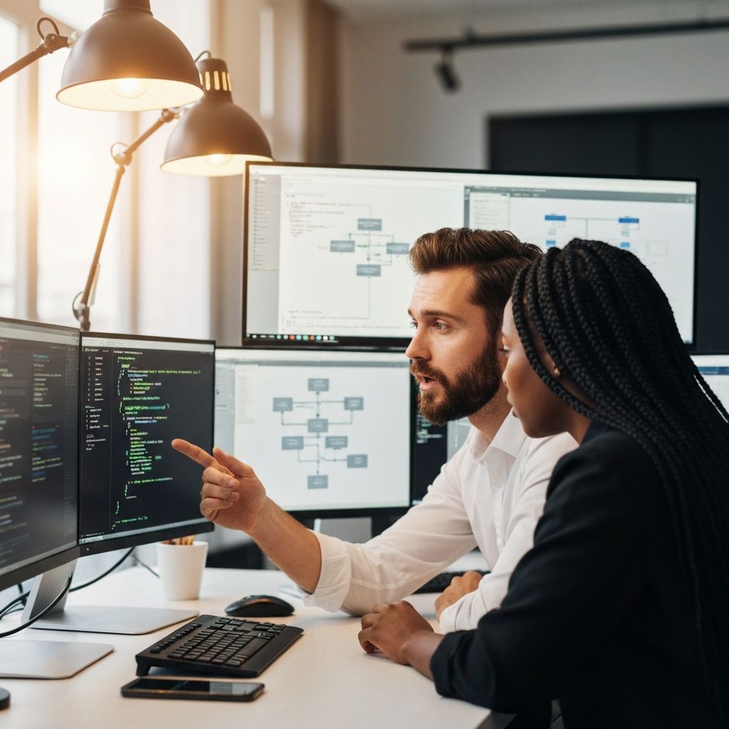 Lead Solutions Architect reviewing system designs with a team member