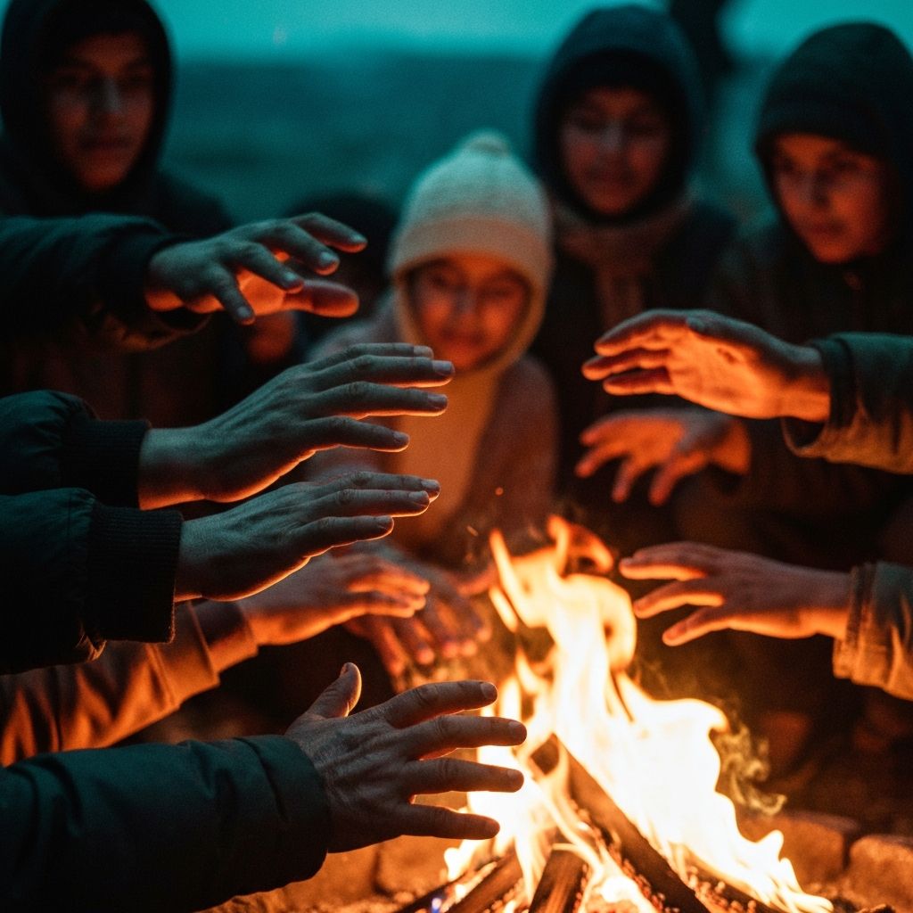 Hands reaching toward warmth representing community and humanitarian aid